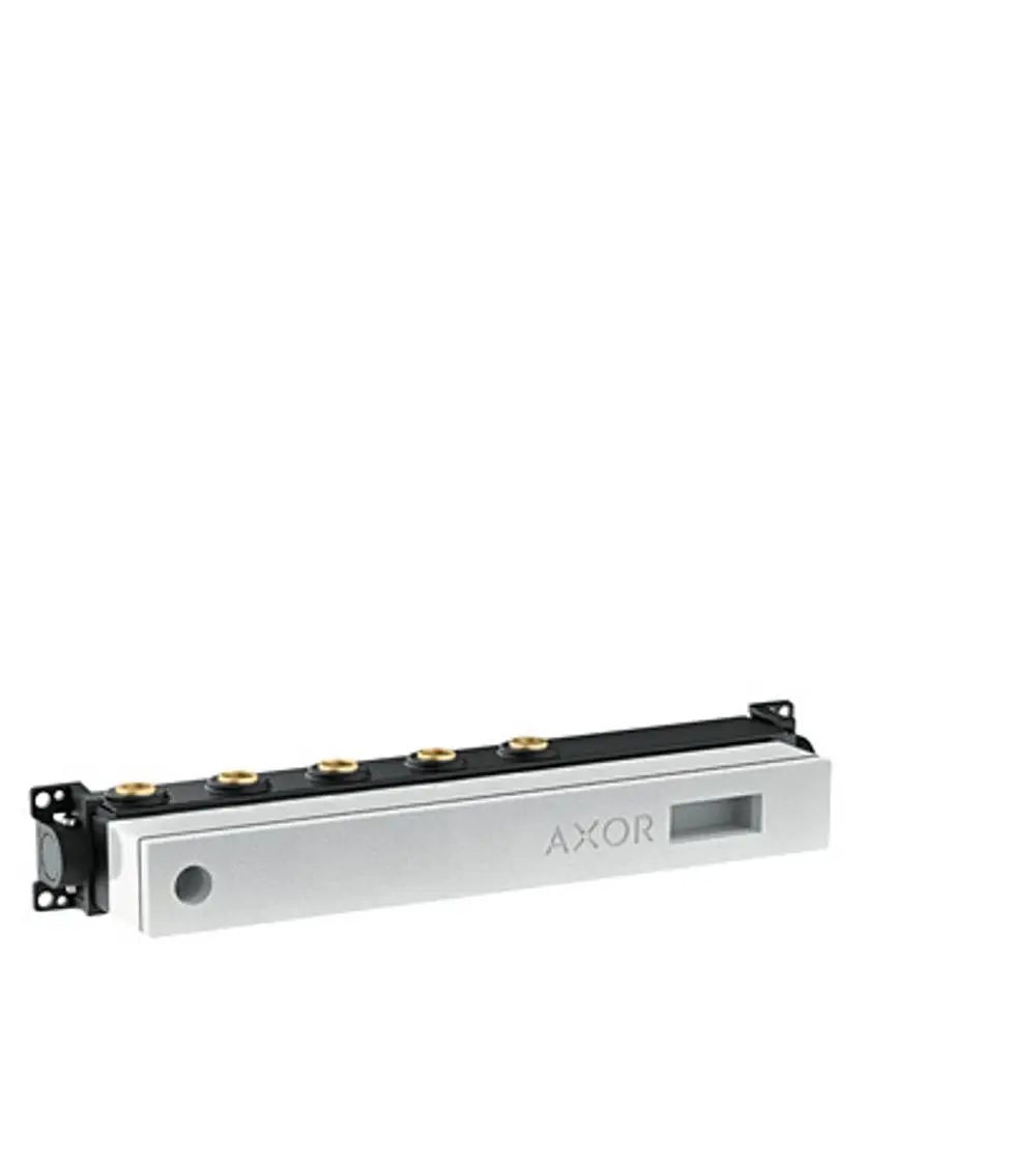 Thermostatmodul Grundkörper von AXOR mit mehreren Anschlüssen für Wasserzufuhr. Kompakte Bauform für einfache Installation.